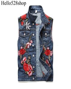Hello528Shop Mens Vintage Patches Cowboy Vest Wash Blue Bordined Rose Floral Jeans Outerwear Moleveless8437360