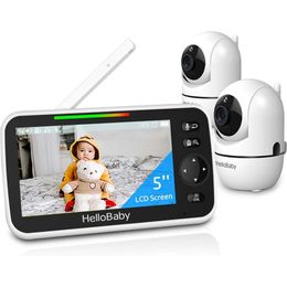 Hellobaby 5 "Baby Monitor avec batterie de 26 heures, 2 caméras, zoom Pan Tilt, gamme de 1000 pieds, audio vidéo, pas de wifi, vox, vision nocturne, conversation à 2 voies, 8 langues, fonctionnement de registre pour bébé