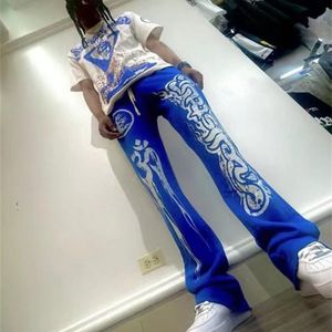 Hellstar bleu surdimensionné rétro boue imprimé porté sport pantalon décontracté haute rue hommes et femmes Cargo pantalon 230621