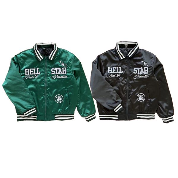 Hellstar PATH TO PARADISE BOMBER Chaqueta de béisbol bordada Chaqueta de tela lisa de seda negra verde Hombres Mujer Chaqueta con capucha Outwear SMLXL