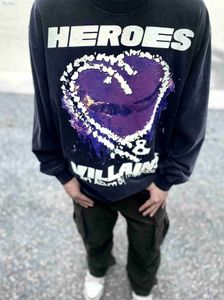 Hellstar Purple Heart Print Exclusif Kanyewest Même Lavable Vieux T-shirt à manches longues