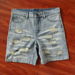 Hellstar Studios Shorts décontractés Laver et broyer les shorts en jean Jeans d'été Short en jean pour homme Bleu Noir Short Slim Hole Patchy Water Washed Maple Leaf