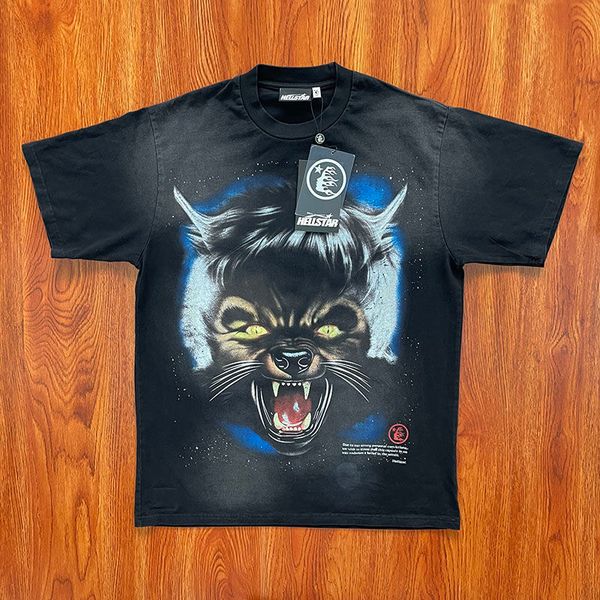 Hellstar Studios Full Moon Tee Wash Wolf head pleine lune imprimé T-shirt à manches courtes hommes et femmes High street T-shirt Rappeur Heavy Craft Unisexe Manches courtes SMLXL