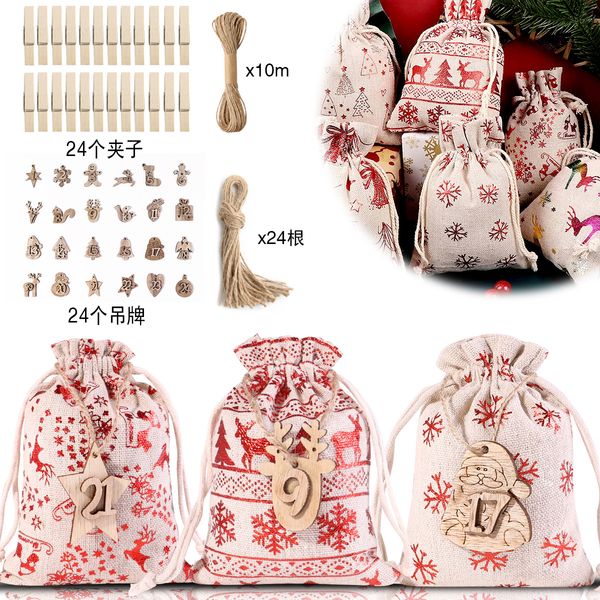 Conjunto de bolsas de cáñamo con cordón para decoración navideña, calendario de Adviento 1-24, bolsa de tela pequeña, conjunto de bolsas de regalo de Navidad, venta al por mayor