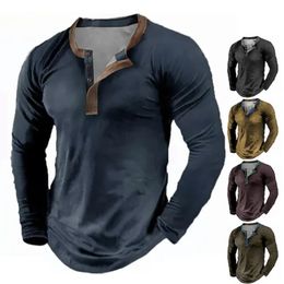 Henley Mens Tshirt Plaine Été Polyester Printemps Bouton Vêtements À Manches Longues Tops Mode Streetwear T-shirts Surdimensionnés Tee 3D 240202