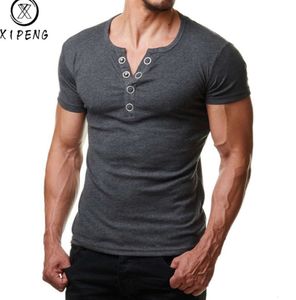 Henley T Men Summer Top Summer Fashion V Nek Korte mouw T-shirt Homme Casual Slim Fit Metal Button Design Heren T-shirts