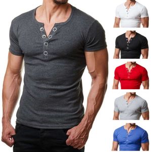 Henley T Shirt Men Ventilate Fashion V Summer V Neck manga corta Camiseta Homme Casual Slim Fit Botón Diseño Mensas para hombres XXL