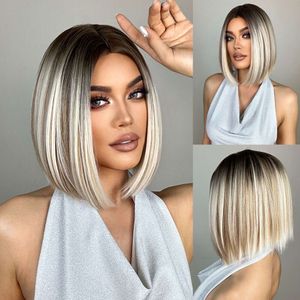 Henry Margu ombre Brown Platinum Blonde synthétique courte bob raide pour femmes Cosplay de cheveux résistants à la chaleur naturelle