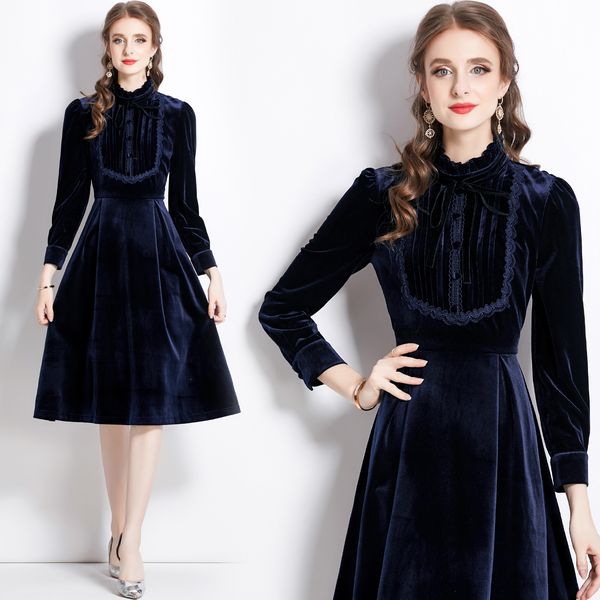 Robe de bal de style Hepburn en velours bleu pour femmes, manches longues, col montant, volants, Slim, froncée, ample, grande balançoire, printemps-automne, robes mi-longues, 2023