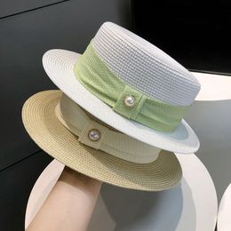 Hepburn Style Flat Top Hats Designer Pearl Straw Hat Summer Casual Caps British Celebrity Polyvalent Sun Protection Hat