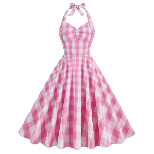 Style Hepburn Ingrid Barbie rose à carreaux taille haute avec un col suspendu fin et une grande robe mi-longue en coton