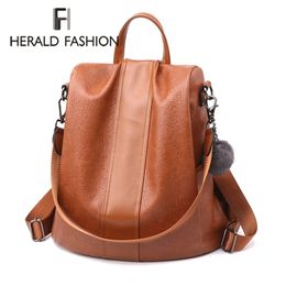 Herald Fashion Qualité Cuir Antithief Femmes Sac à dos Grande capacité Hair Ball Sac d'école pour adolescentes filles sacs de voyage masculins Y201224