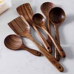 Herb Spice Tools 7 stks set Teak Natuurlijk Hout Servies Lepel Pollepel Turner Rijst Vergiet Soep Skimmer Koken Scoop Keuken Herbruikbare Tool Kit 230609