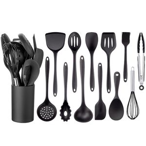 Herb Spice Tools Ensemble d'ustensiles de cuisine noirs Batterie de cuisine antiadhésive Outil de cuisine en silicone Spatule Louche Batteurs à œufs Pelle Accessoires de cuisine 230609