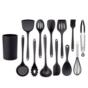 Herb Spice Tools Ensemble d'ustensiles de cuisine en silicone noir Poêle antiadhésive Cuisson Ustensiles de cuisine Spatule à fente Spatule Cuillère Pinces à nourriture Kit de cuisine 230525