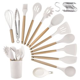 Herb Spice Tools Wit Food Grade Siliconen Keuken Kookgerei Gebruiksvoorwerpen Turner Spatel Lepel Houten Handvat Praktisch Koken Tool Keukengerei Set 230609