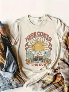 Voici le soleil graphique t-shirt western plus taille Femmes Vintage Vinty Aesthetic Hippie Boho T-shirt Cotton Retro Tops Grunge 240412