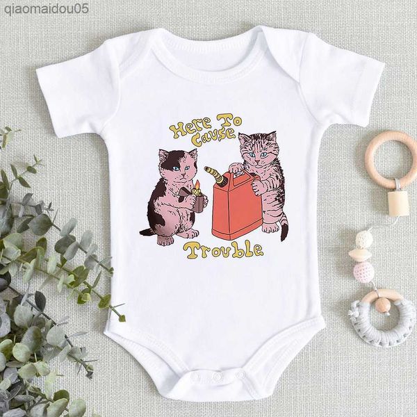 Ici pour causer des problèmes drôle nouveau-né garçon vêtements humour imprimé animal bébé body manches courtes été maison infantile tenues Onesie L230712