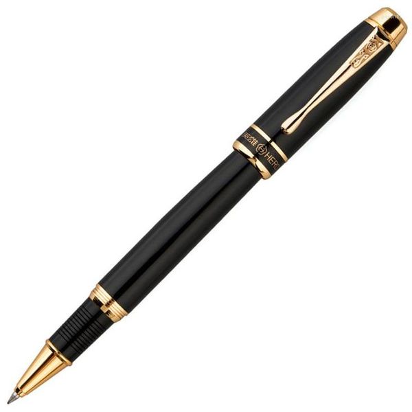 Hero Black Vintage Metal Barrel Roller Ball Pen Gold Trim Recargable Oficina profesional Papelería Escritura