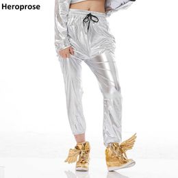 Heroprose vrouwen mode zilveren elastische enkelband dans stage straat slijtage wijde been losse bloeiers hiphop harembroek Q0801