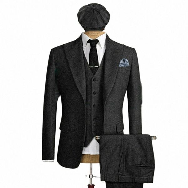 Herringbe Suit mâles 2023 PEAK SEPLEL Two Butt Slim Fit Winter Tweed Men de mariage Busin 3 pièces Blazer Vest Pantalon B8DZ #