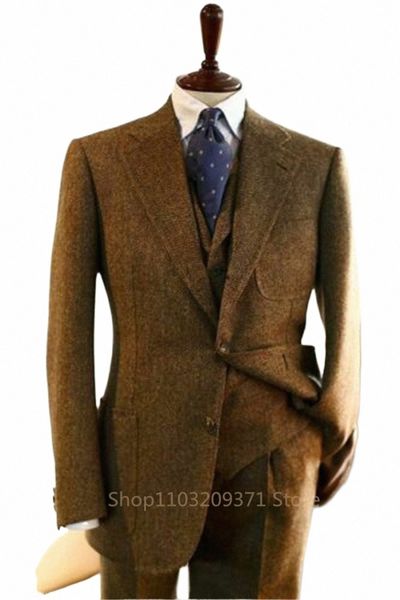 Herringbe Hommes Costumes Formel Busin Blazer-Set Marron Tweed Laine Groomsmen Mariage Mariage Tuxedo Veste + Gilet + Pantalon R0oe #