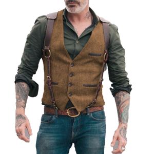 Chalecos de espiga para hombre, chaleco marrón para hombre, chaqueta Steampunk para hombre, chaleco de Tweed a rayas con cuello en V, chaleco ajustado, ropa de boda 240104