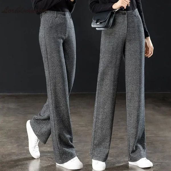 Pantalon à jambes larges en laine à motif chevrons pour femme printemps automne taille haute pantalon droit dames costume mince 240202