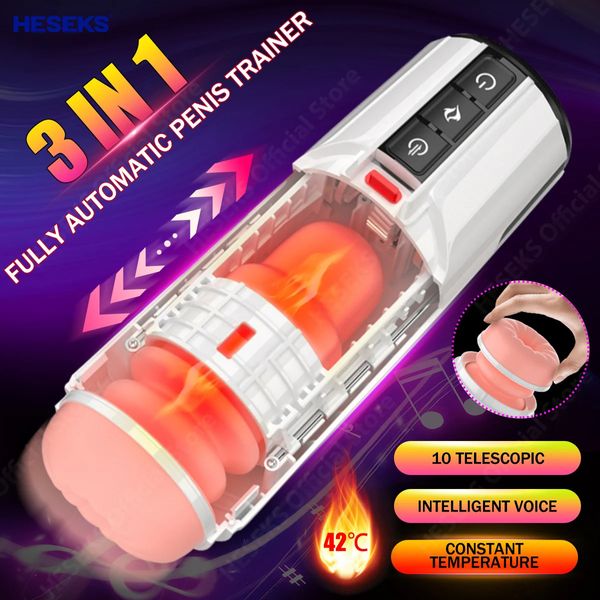 HESEKS 5D Flesh Telescópico Mastubador Automático Calefacción Voz Real Masturbador Oral Máquina de Mamada Vagina Juguete Sexual para Hombres 240117