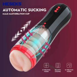 Heseks Lifelike Automatic Sucking Male Masturbation Cup Inner Telescopic Vibrator Masturb Vaginas voor mannen Sex Toy 240423