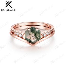 Hexágono 7 * 7 mm Ágata de musgo natural Sólido 925 Conjunto de anillos de plata esterlina para mujeres Piedra lunar natural Joyería fina Compromiso de boda 240119