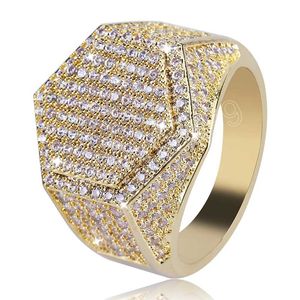 Hexagon Gold Color Iced Out Ring Micro pavé Big Zircon Hanne de doigt hip hop brillant pour les hommes Bijoux Bijoux Cadeau