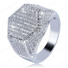 Bague hexagonale pour hommes, bijoux HipHop tendance de qualité supérieure, plaqué or 18 carats, Bling Ice Out CZ Hip Hop Rings263T