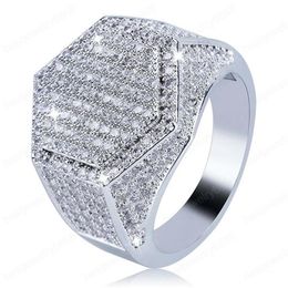 Anillo hexagonal para hombres, joyería de HipHop de alta calidad, chapado en oro de 18 quilates, Bling Ice Out CZ, anillos de Hip Hop229e