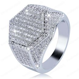 Bague hexagonale pour hommes, bijoux HipHop tendance de qualité supérieure, plaqué or 18 carats, Bling Ice Out CZ Hip Hop Rings2665