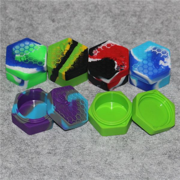 Caja de contenedor de silicona hexagonal Tarro antiadherente Abeja grande 26ml Tarros de silicona Contenedores de aceite de cera Dab herramienta dabber cuarzo banger