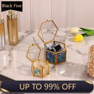 Boîte à bijoux hexagonale en verre Transparent, boîte à bagues de mariage géométrique en verre Transparent, support organisateur de bijoux, conteneur de table