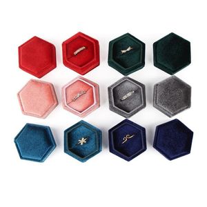 Hexagon Velvet Ring Box Double Anneau Boîtes De Rangement Anneaux De Mariage Vitrine pour Femme Cadeau Boucles D'oreilles Bijoux Emballage