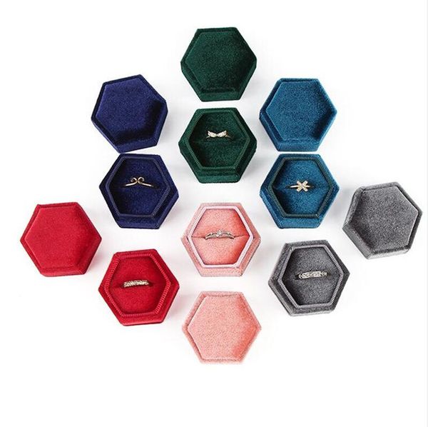 Hexagon Velvet Ring Box Petites boîtes à bijoux Présentoir avec couvercle amovible pour fiançailles de mariage