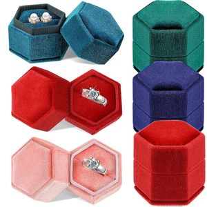 Boîte à bagues hexagonale en velours avec couvercle amovible, présentoir à bijoux, support de boucles d'oreilles, boîtes de rangement, proposition de fiançailles, paquet cadeau de mariage