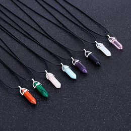 Hexagonal Column Quartz Kettingen Turkoois Roze Crystal Hangende Ketting voor Dames Leren Ketting Natuursteen Choker Ketting