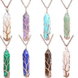 Collar de piedra de cristal Hexagonal, collar con colgante de árbol de la vida de piedra Natural, accesorios de moda de piedra energética