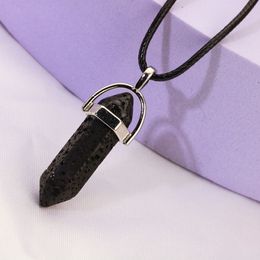 Prisme Hexagonal Naturel Pierre De Lave Noire Collier Aromathérapie Huile Essentielle Diffuseur De Parfum Pendentif PU Chaîne Collier Femmes Hommes Bijoux