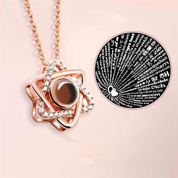 Projection hexagonale 100 langues je t'aime collier en cristal d'or qualité féminine bijoux en métal exquis collier amoureux cadeau 242W