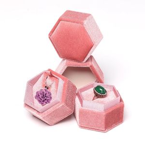 Zeshoekige fluwelen ringbox enkele dubbele slot bruiloft verlovingsringboxen oorbel opslagcase voor sieradenverpakking