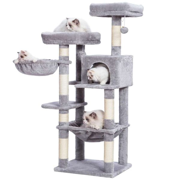 Heybly Tree, tour de 56 pouces pour chats d'intérieur, meubles de maison pour chat avec perchoir en peluche rembourré, hamac confortable et griffoirs en sisal, gris clair HCT051W
