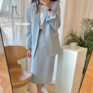 Heydress Vrouwen Suits Office Lady Rok Koreaanse Mode Lente Single Breasted BlazerMidi Rokken 2 Stuks Sets 240309