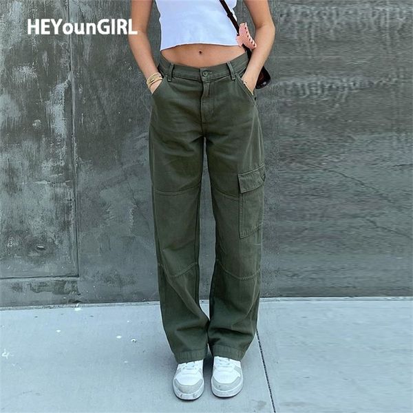 HEYounGIRL décontracté Vintage vert Cargo pantalon mode coton taille haute jean armée militaire Denim pantalon dames poches 220211