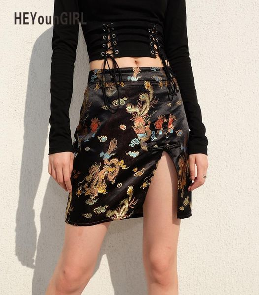 Heyoungirl Style chinois moulante courte mini jupe imprimée décontracté noir taille haute jupe fendue côté crayon jupes femmes Vintage MX3301064