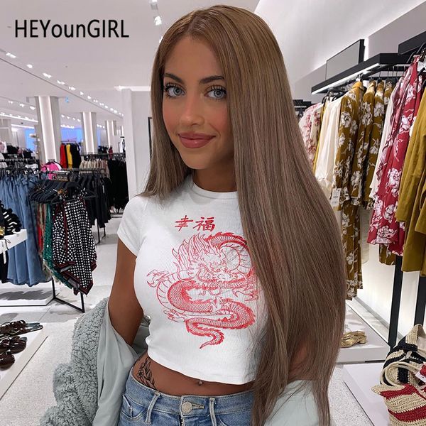 HEYounGIRL Dragon imprimé blanc t-shirts décontracté basique Style chinois Harajuku à manches courtes t-shirt hauts